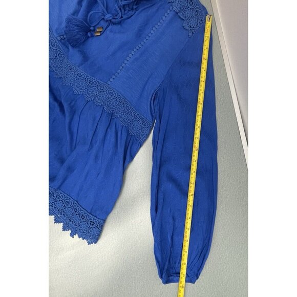 Farmers Market Women's Blouse Petite Medium 100% Rayon Lace V-Neck Boho Blue - Picture 6 of 13